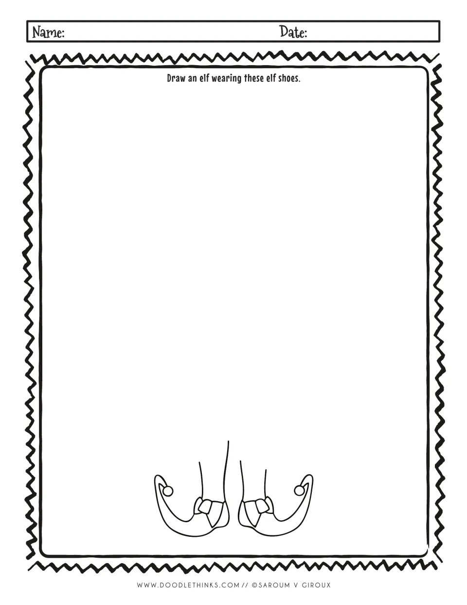 Elf drawing prompt: students draw an elf above legs in curled shoes with pom-pom tips and bows on the front
