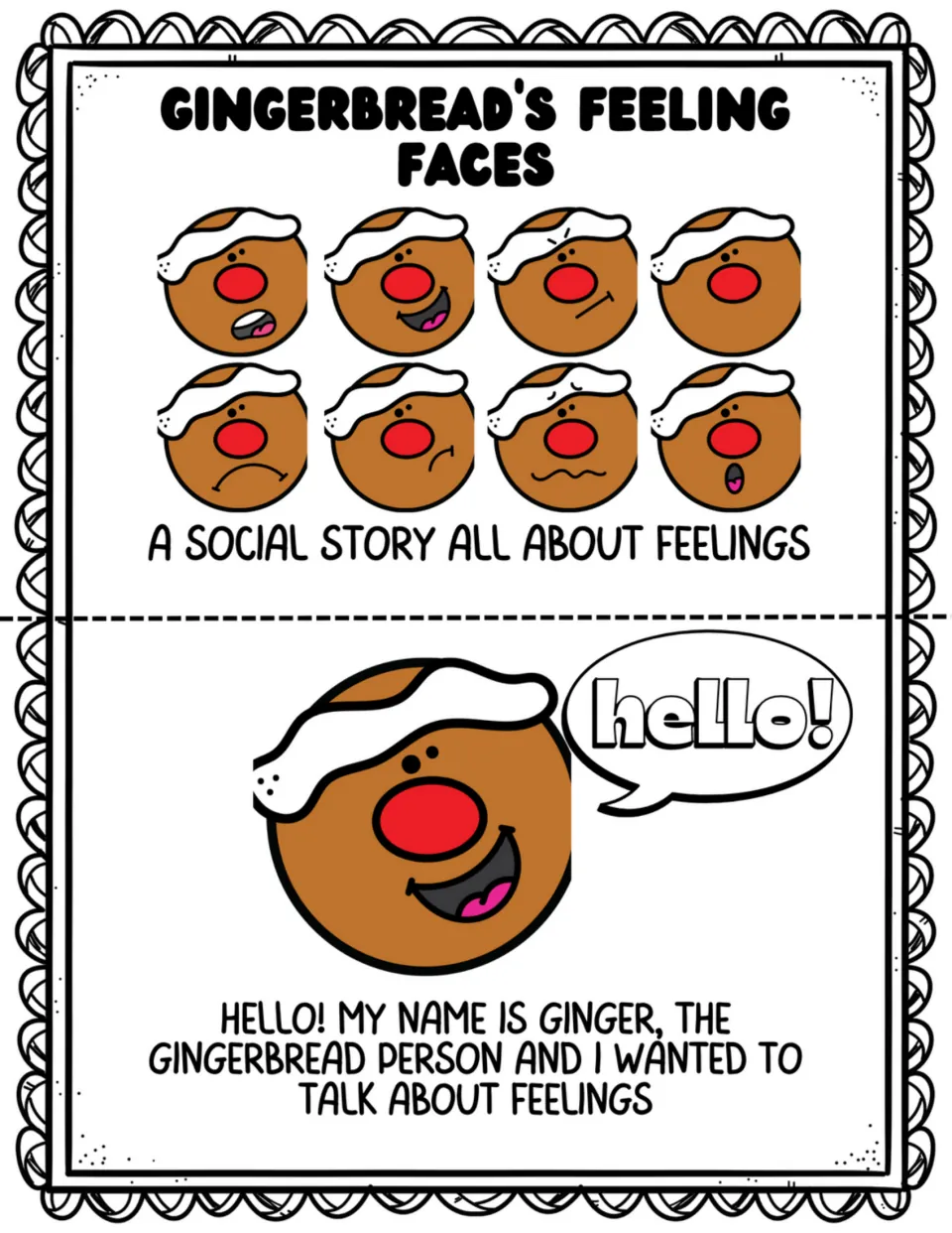 Mini-book cover and opening page introduce Ginger, the gingerbread person, who wants to talk about feelings