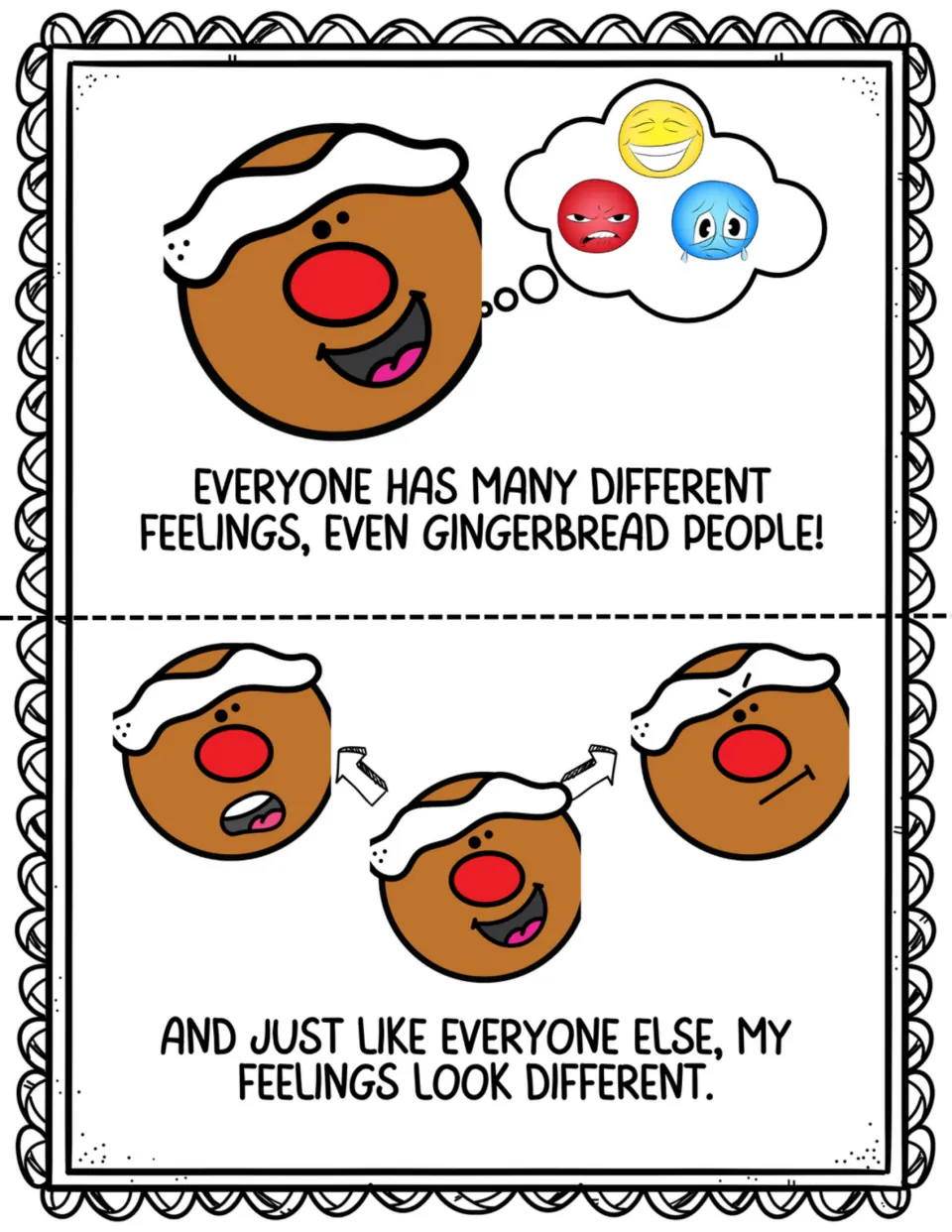 Two story pages explain that everyone has many different feelings and show Ginger's changing expressions