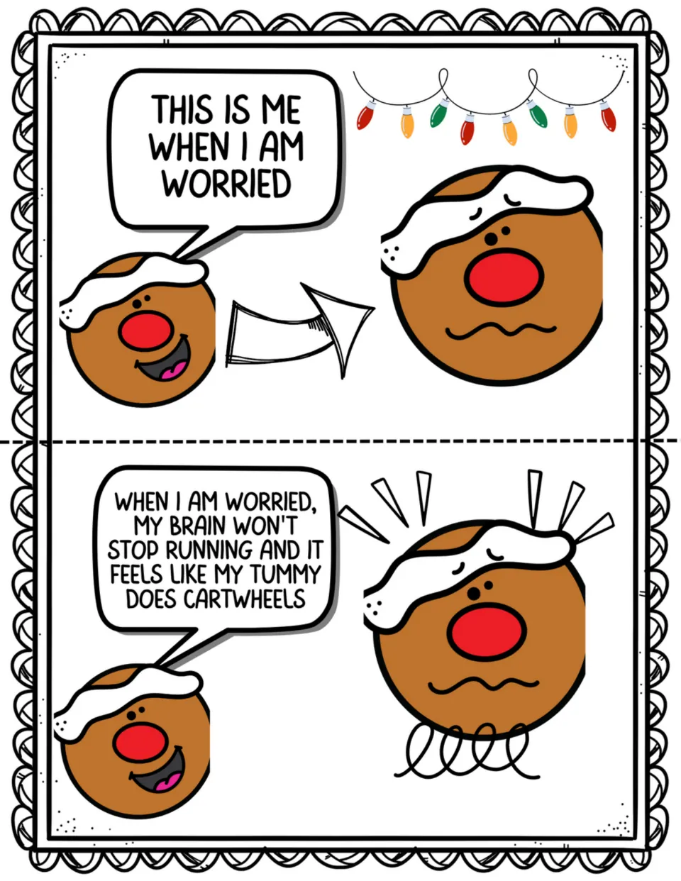 Two story pages show Ginger feeling worried, with a brain that won't stop running and a tumbling tummy