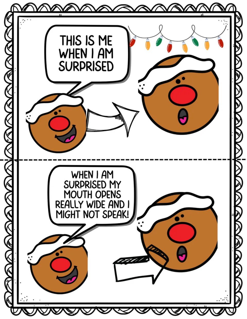 Two story pages show Ginger feeling surprised, with a wide-open mouth and the possibility of not speaking