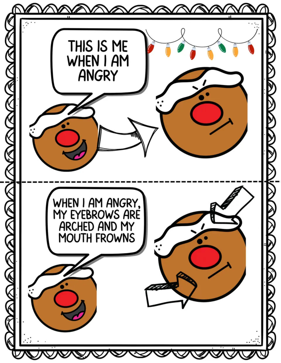 Two story pages show Ginger feeling angry and identify arched eyebrows and a frowning mouth as signs
