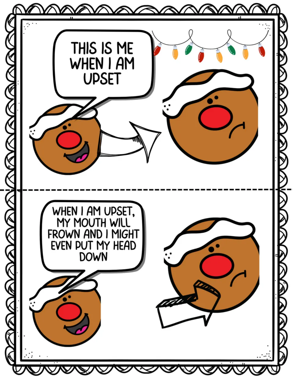 Two story pages show Ginger feeling upset and explain that Ginger may frown and put their head down