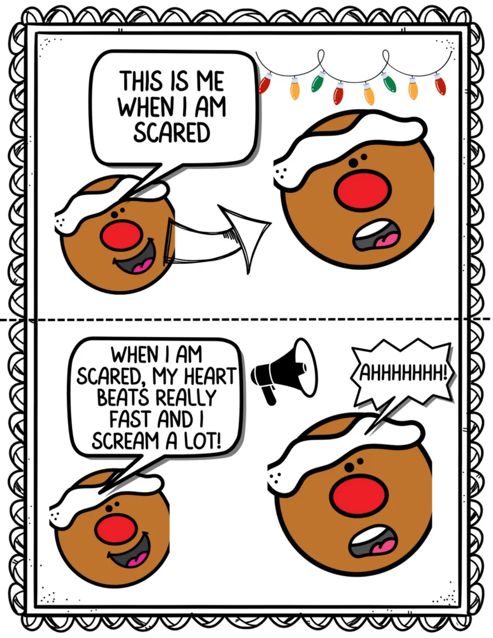 Two story pages show Ginger feeling scared and describe a very fast heartbeat and screaming a lot