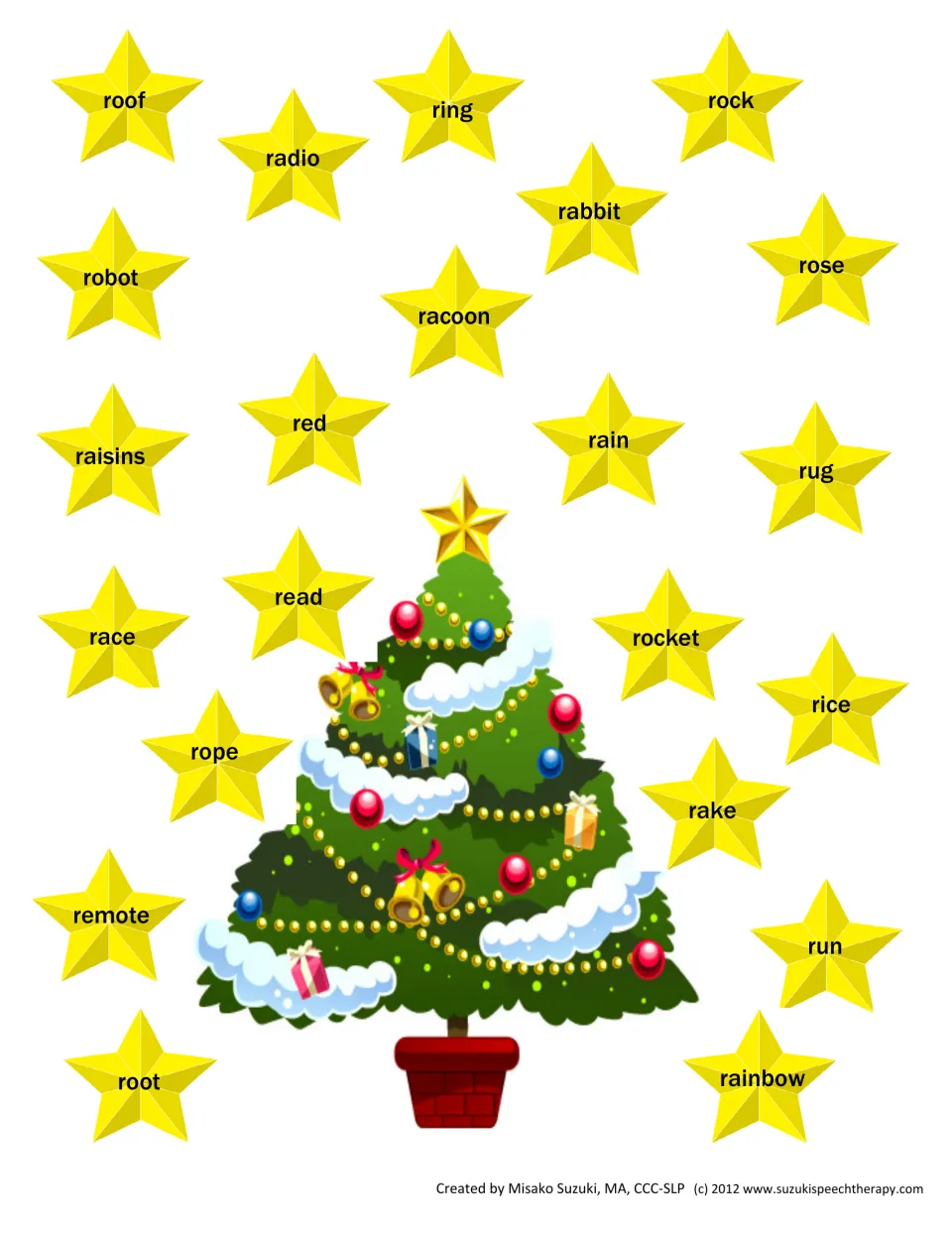 Initial R words on 24 yellow stars around a Christmas tree: roof, ring, rabbit, rocket and more for /r/ sound practice