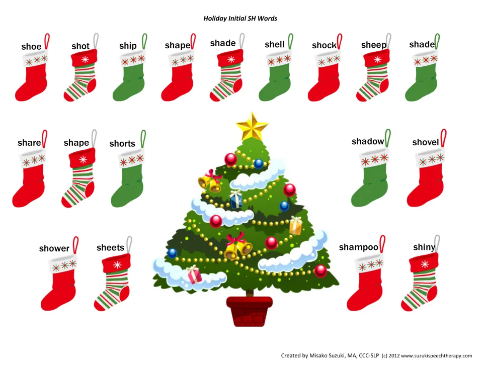 Initial SH words: 18 Christmas stockings labeled shoe, ship, sheep, shovel, shampoo and more around a decorated tree