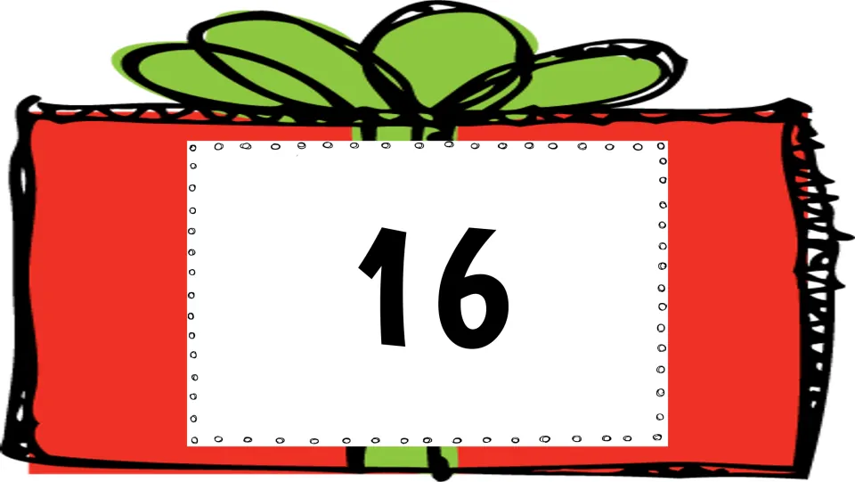 Number 16 card in the 1–20 holiday math set, for students to hop to when the number is called out.