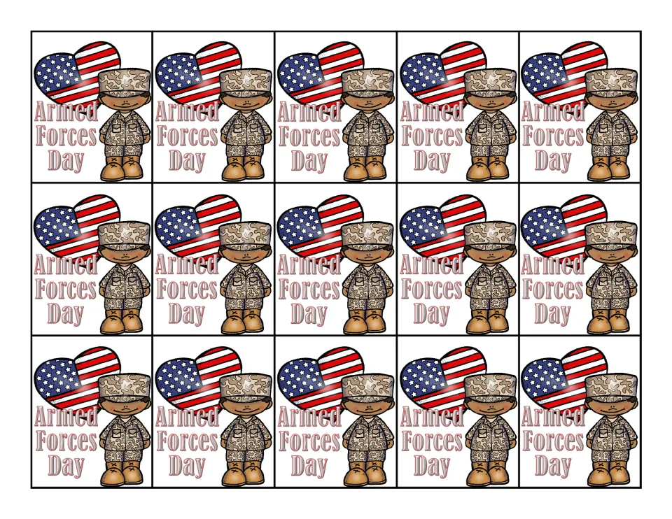 Color sheet of 15 identical 'Armed Forces Day' swag tags featuring a uniformed service member and a flag heart