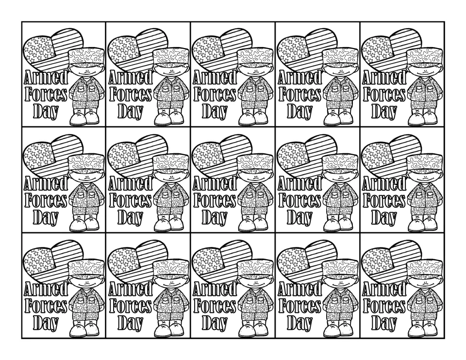 Black-and-white sheet of 15 'Armed Forces Day' swag tags showing a uniformed service member and a flag heart