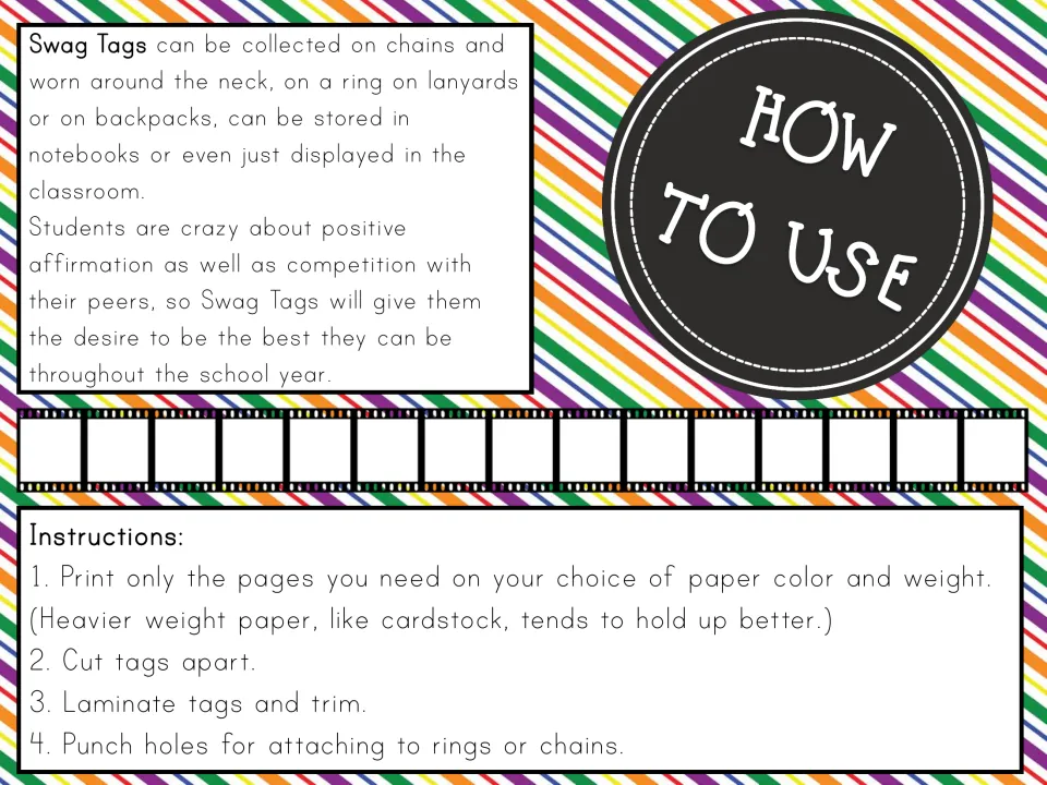 Swag tag instructions explain how to print, cut, laminate, and punch holes for attaching rings or chains
