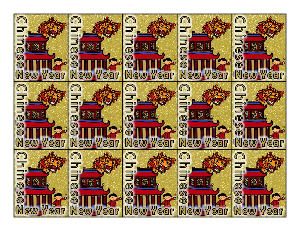 Color sheet of 15 identical Chinese New Year swag tags featuring a dragon, a building, and a child