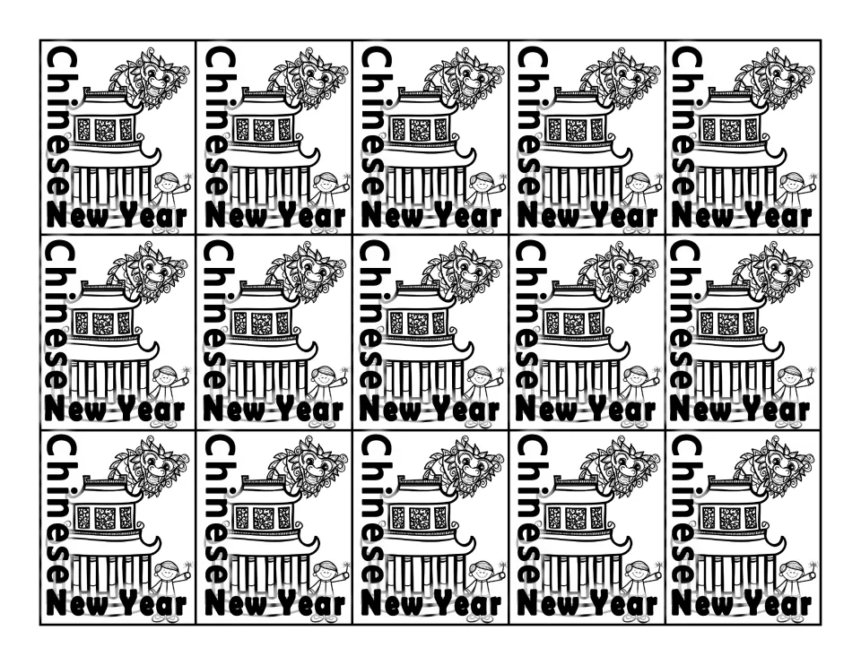 Black-and-white sheet of 15 identical Chinese New Year swag tags showing a dragon, building, and child