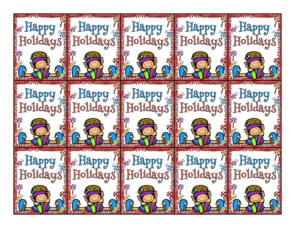 First swag tag sheet: 15 identical color “Happy Holidays” tags featuring an elf and candy illustrations