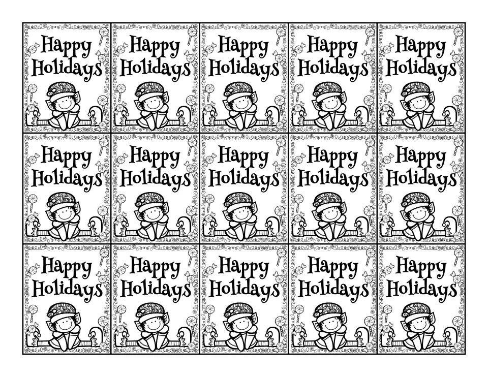 Second swag tag sheet: 15 identical black-and-white “Happy Holidays” tags featuring an elf and candy