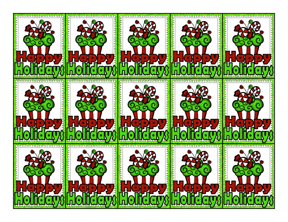 Third swag tag sheet: 15 identical color “Happy Holidays” tags featuring a cupcake topped with candy