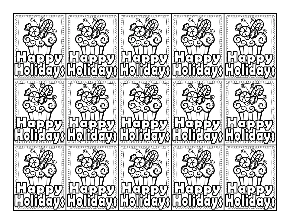 Fourth swag tag sheet: 15 identical black-and-white “Happy Holidays” tags showing a candy-topped cupcake