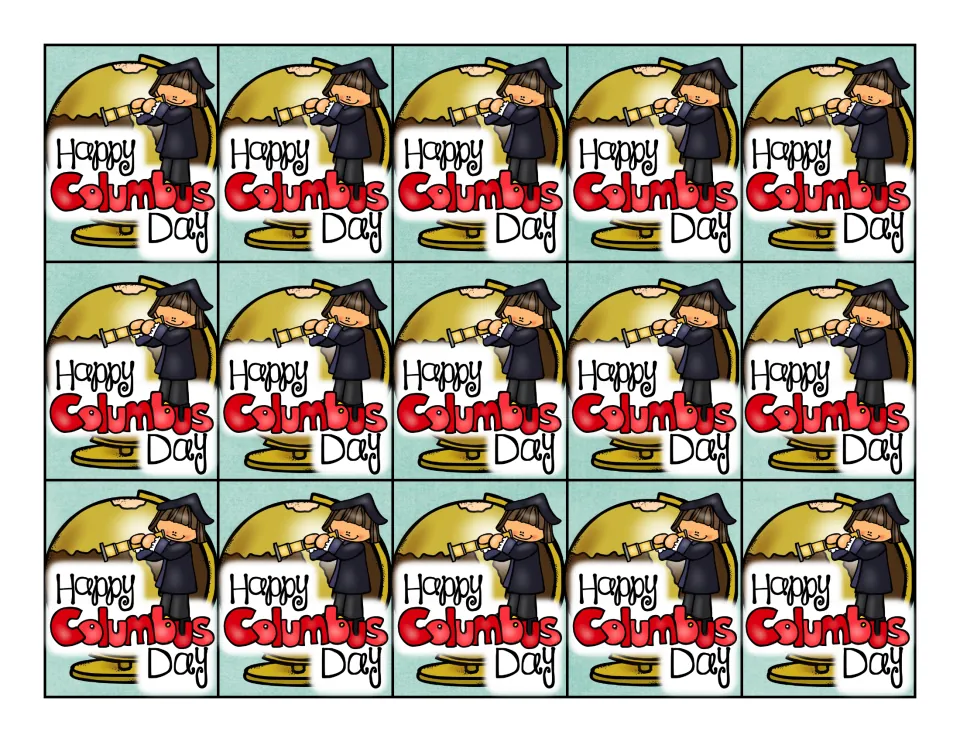 Color swag tag sheet repeats “Happy Columbus Day” on 15 tags featuring an explorer with a telescope and globe