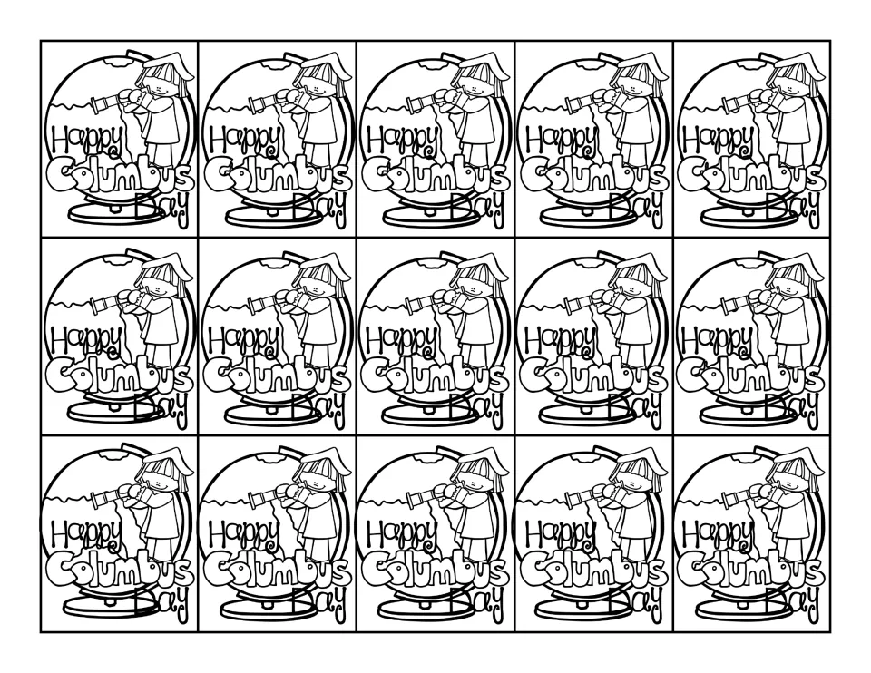 Black-and-white swag tag sheet repeats “Happy Columbus Day” on 15 tags showing an explorer and globe