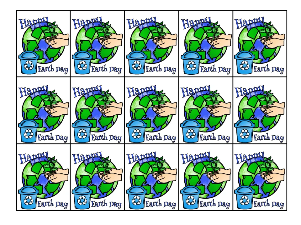 Color sheet of 15 identical Happy Earth Day tags showing Earth, recycling symbols, a bin, and a seedling