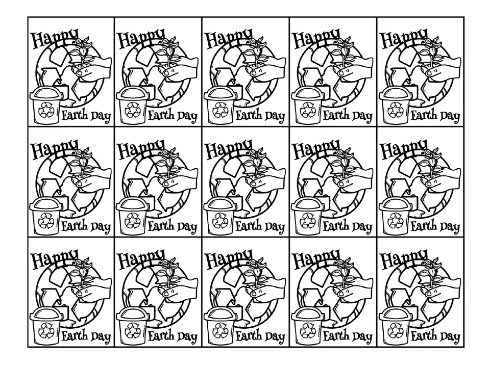 Black-and-white sheet of 15 Happy Earth Day tags showing Earth, recycling symbols, a bin, and a seedling