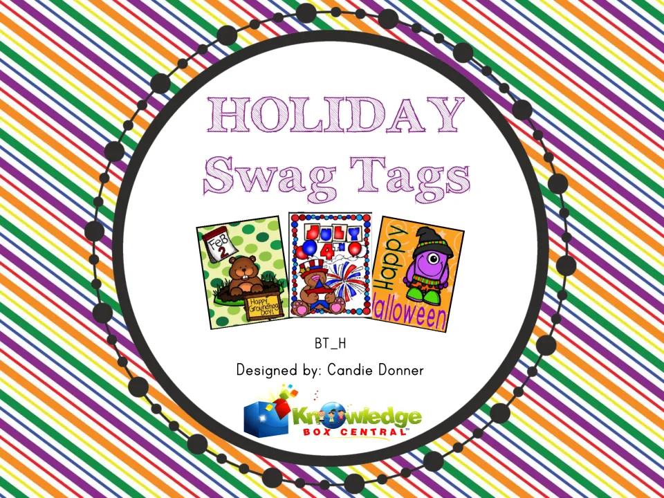 Cover labeled 'Holiday Swag Tags,' with sample holiday tags and designer credit for Candie Donner