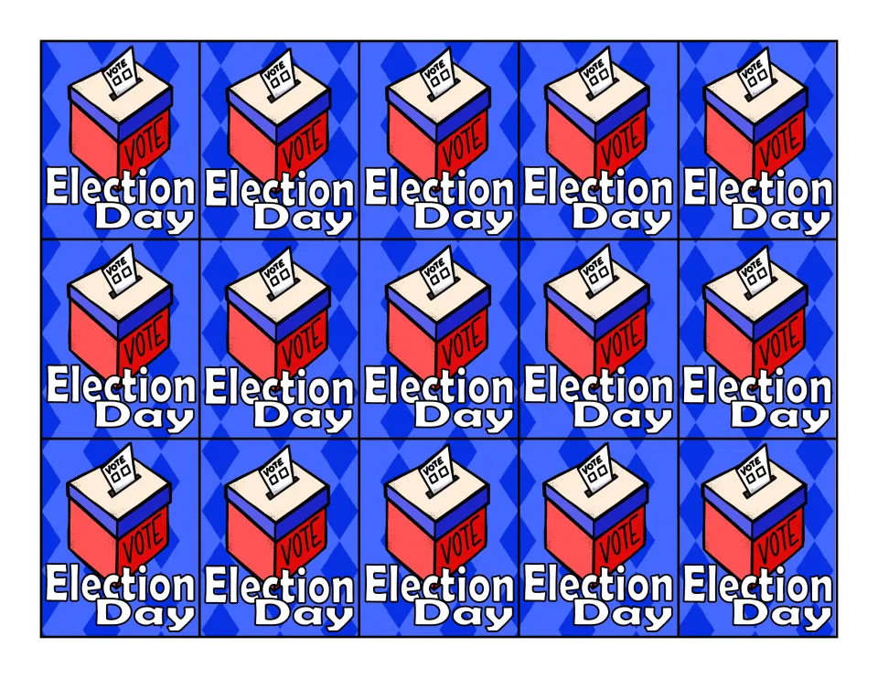 Color tag sheet repeats 15 'Election Day' tags, each showing a red ballot box and a ballot marked 'VOTE'