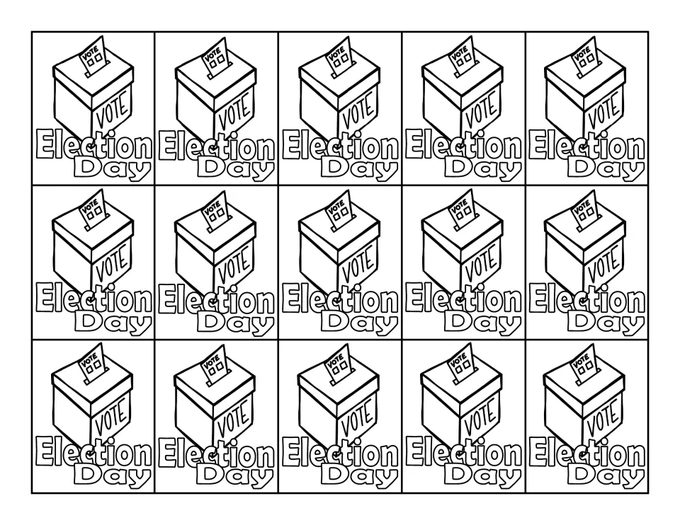 Black-and-white tag sheet repeats 15 'Election Day' tags, each showing a ballot box and ballot marked 'VOTE'