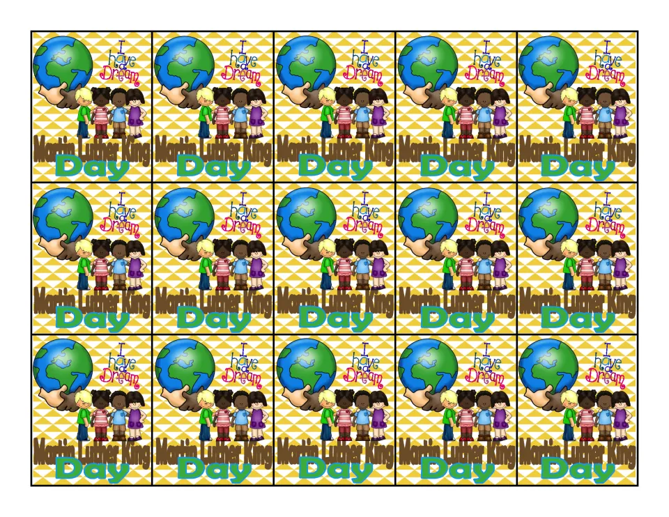 Color sheet of 15 identical Martin Luther King Day tags reading 'I Have a Dream,' with a globe and children