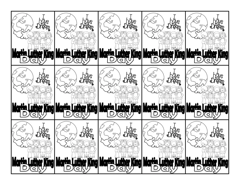Black-and-white sheet of 15 Martin Luther King Day tags reading 'I Have a Dream,' with a globe and children