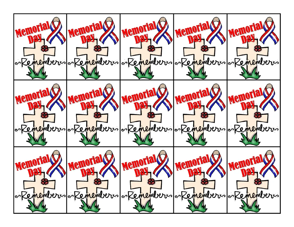 Color sheet of 15 identical Memorial Day swag tags reading 'Remember,' with a ribbon, cross, and flower