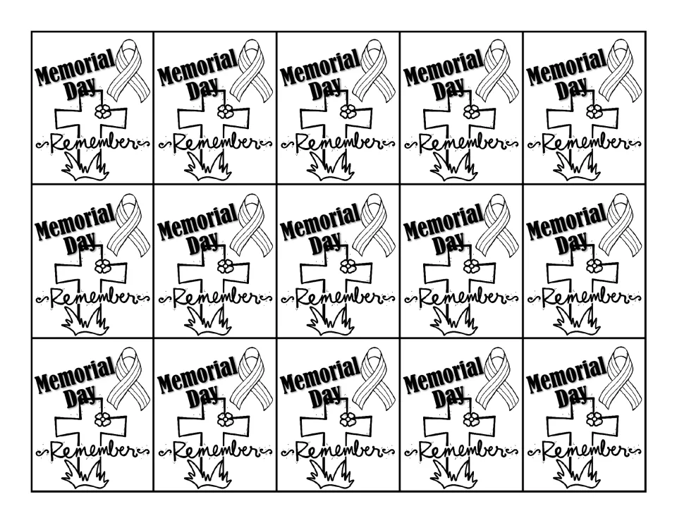 Black-and-white sheet of 15 identical Memorial Day swag tags reading 'Remember,' with a ribbon and cross