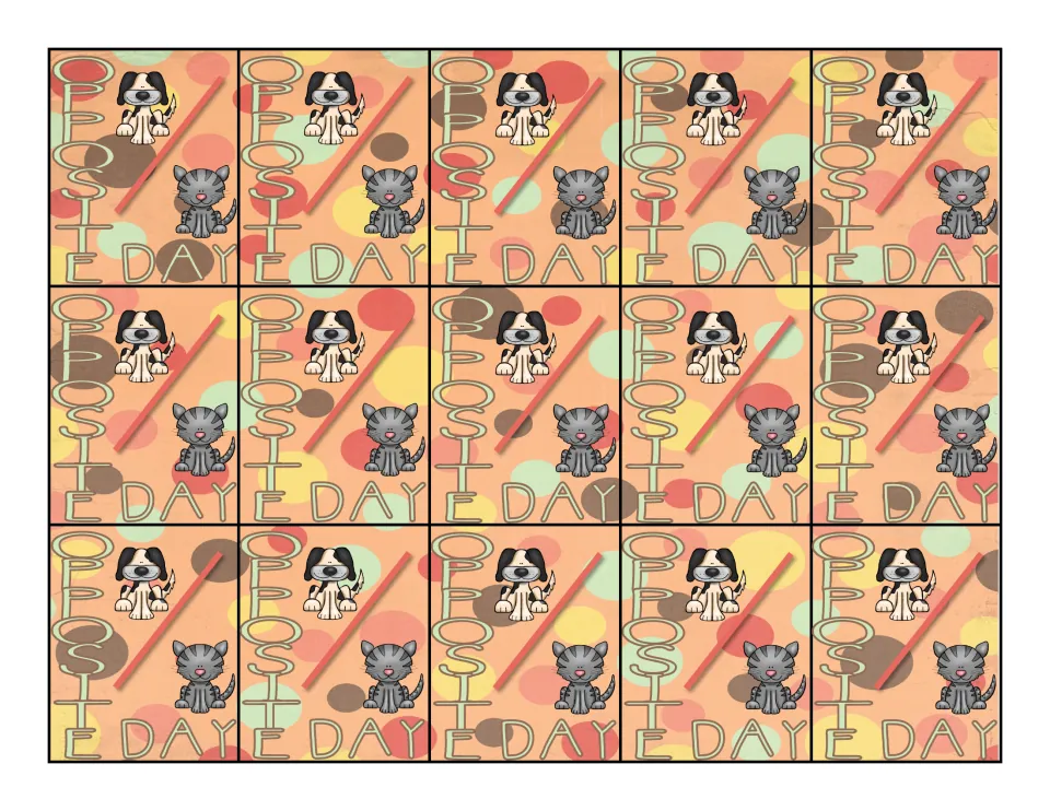 Color reward tag sheet containing 15 'Opposite Day' tags, each showing a dog and cat separated by a slash