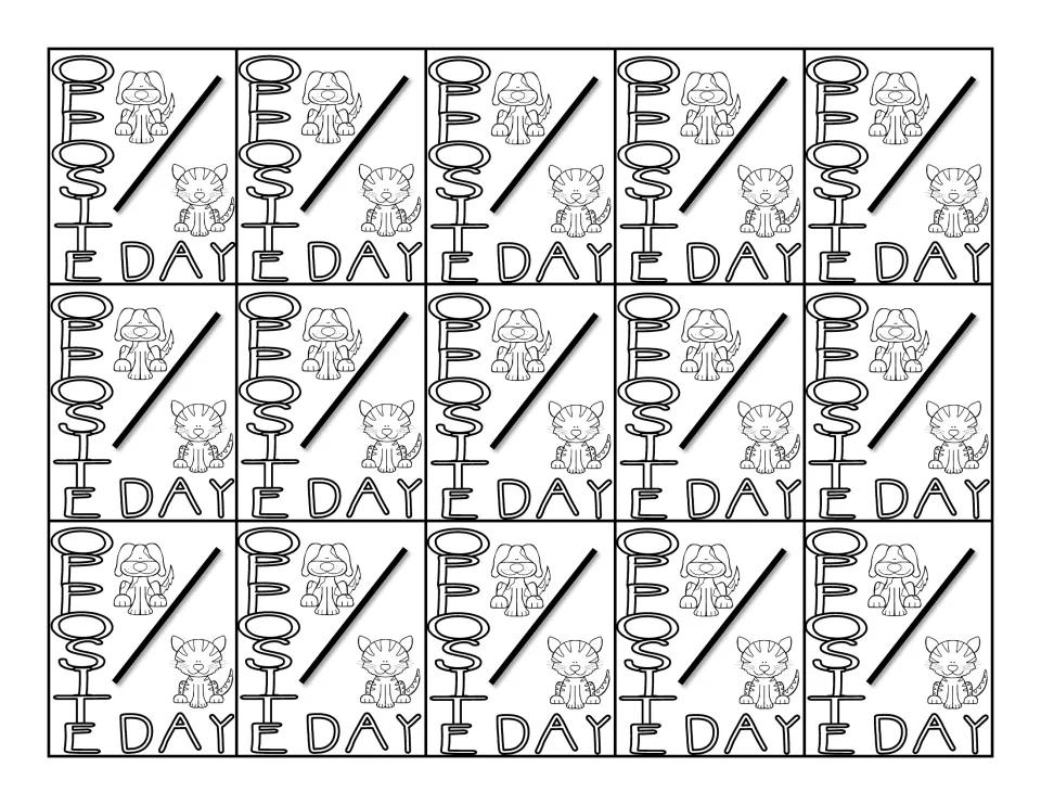 Black-and-white reward tag sheet containing 15 'Opposite Day' tags, each showing a dog, cat, and slash