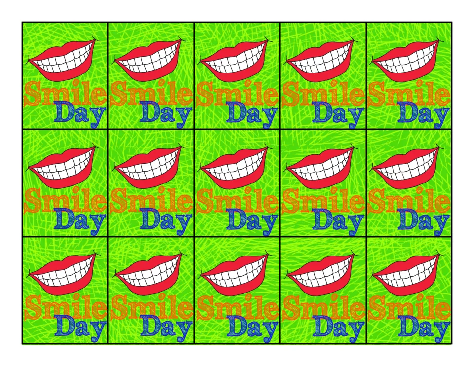 Color tag sheet contains 15 identical Smile Day classroom reward tags, each showing a wide, toothy smile