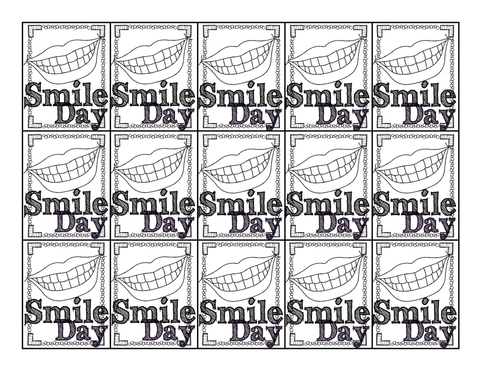 Black-and-white tag sheet contains 15 identical Smile Day classroom reward tags, each showing a toothy smile