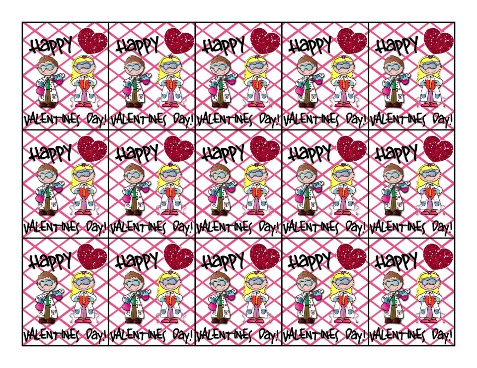Color reward tag sheet repeats 'Happy Valentine's Day!' 15 times, with two children dressed as scientists