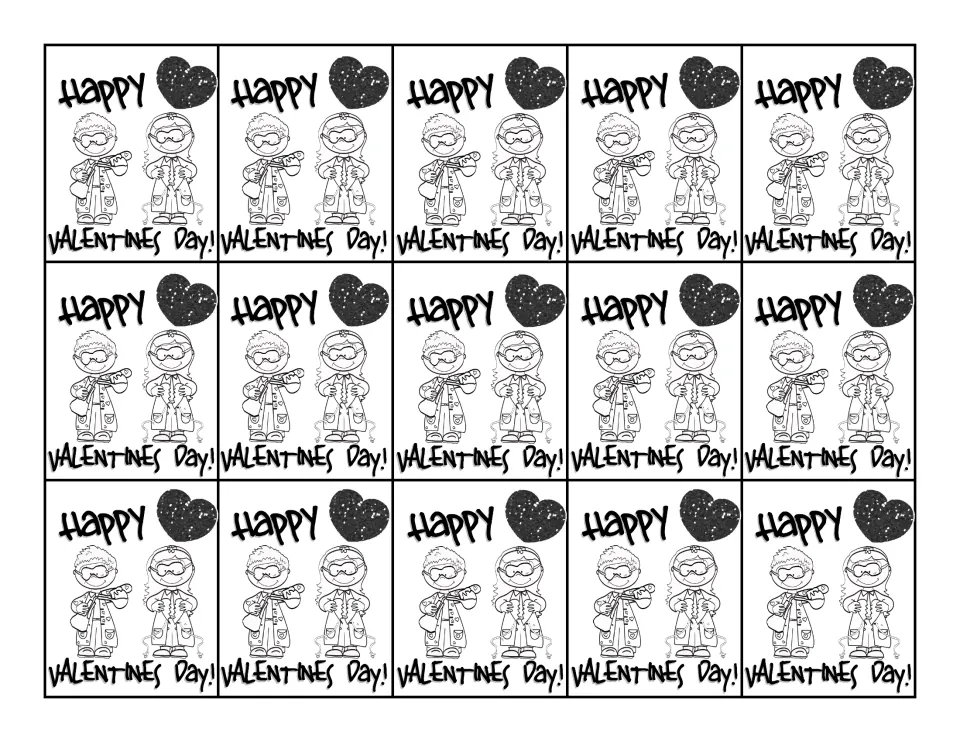 Black-and-white reward tag sheet repeats 'Happy Valentine's Day!' 15 times with two child scientists