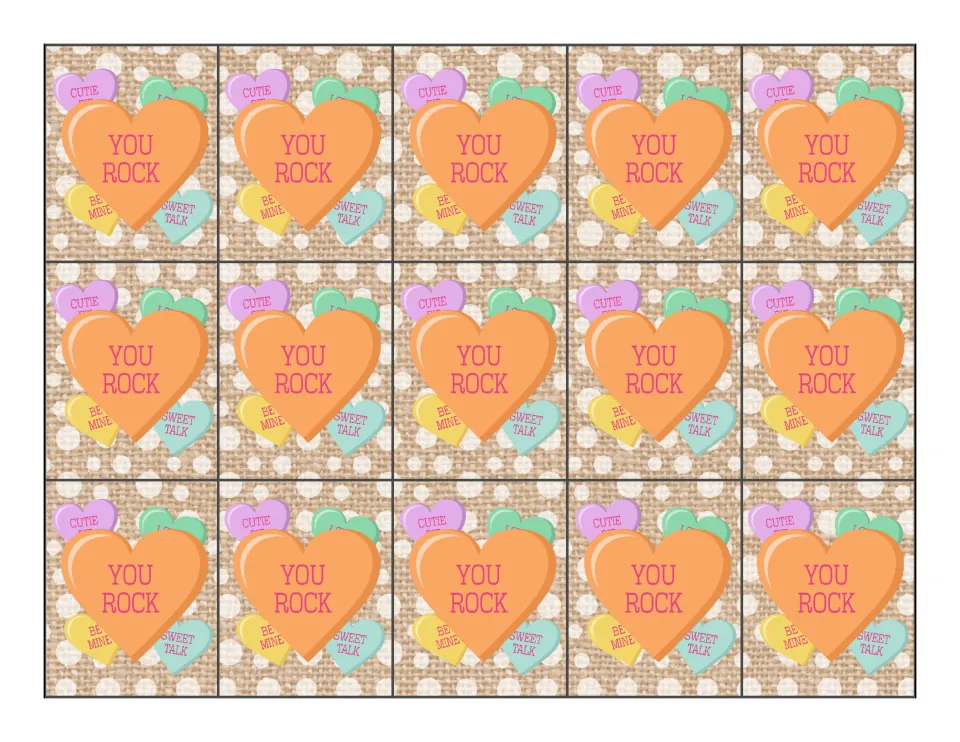 Color Valentine's Day reward tag sheet repeats 'You Rock' 15 times on candy hearts with smaller messages