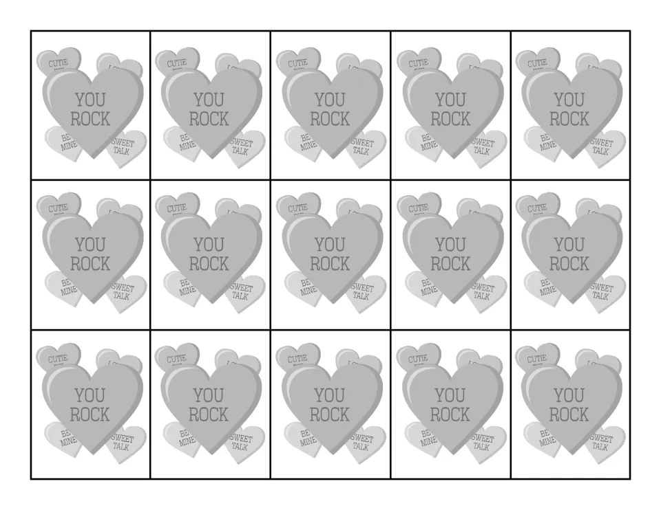 Black-and-white Valentine's Day reward tag sheet repeats 'You Rock' 15 times on candy heart designs