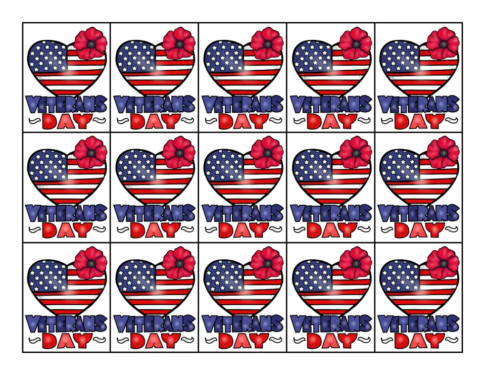 Color swag tag sheet: 15 identical 'Veterans Day' tags featuring an American flag heart and a red poppy