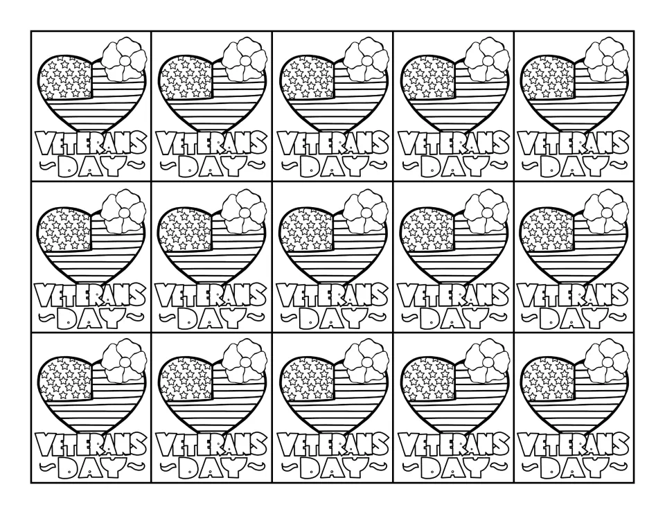 Black-and-white swag tag sheet: 15 identical 'Veterans Day' tags featuring an American flag heart and poppy