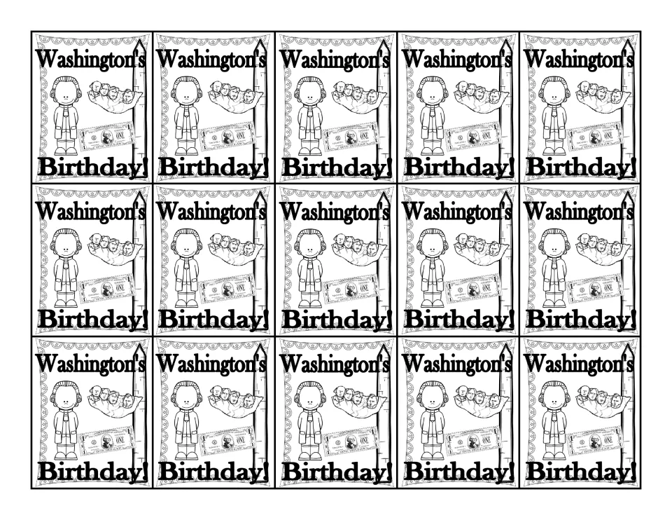 Black-and-white sheet of 15 identical 'Washington's Birthday!' tags featuring Washington and national landmarks