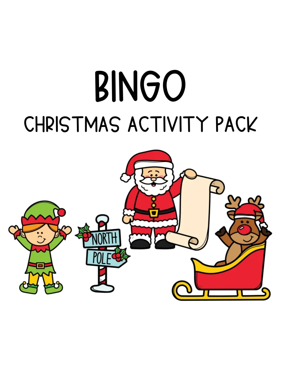 Bingo Christmas Activity Pack cover showing an elf, a North Pole sign, Santa with a list and a reindeer in a red sleigh