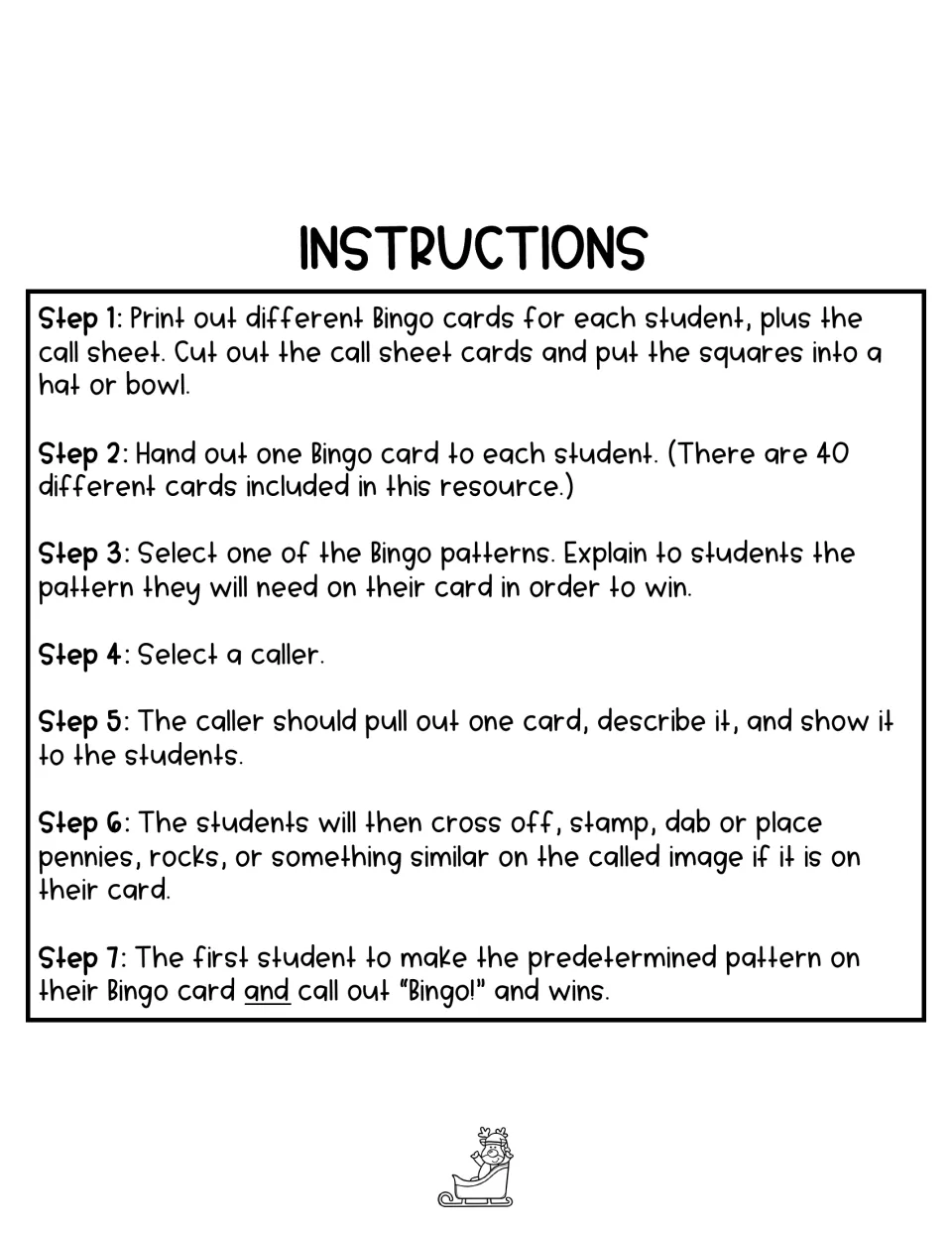 Bingo instructions in 7 steps: print cards and call sheet, choose a pattern and a caller, mark called images, call Bingo