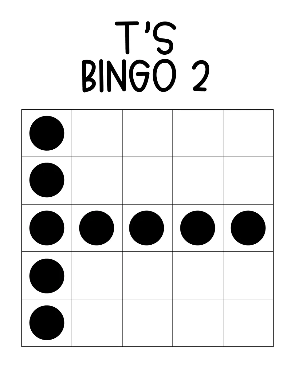 T's Bingo 2 winning pattern: a sideways T with dots down the entire left edge and across the full middle row
