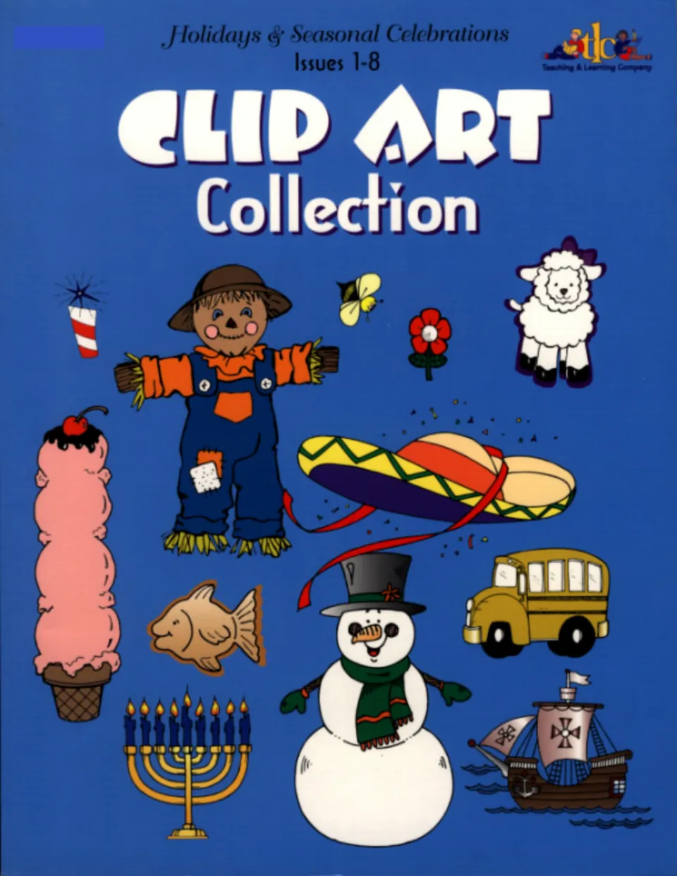 Clip Art Collection, Issues 1-8: cover showing a scarecrow, snowman, menorah, sombrero, school bus, ship and ice cream