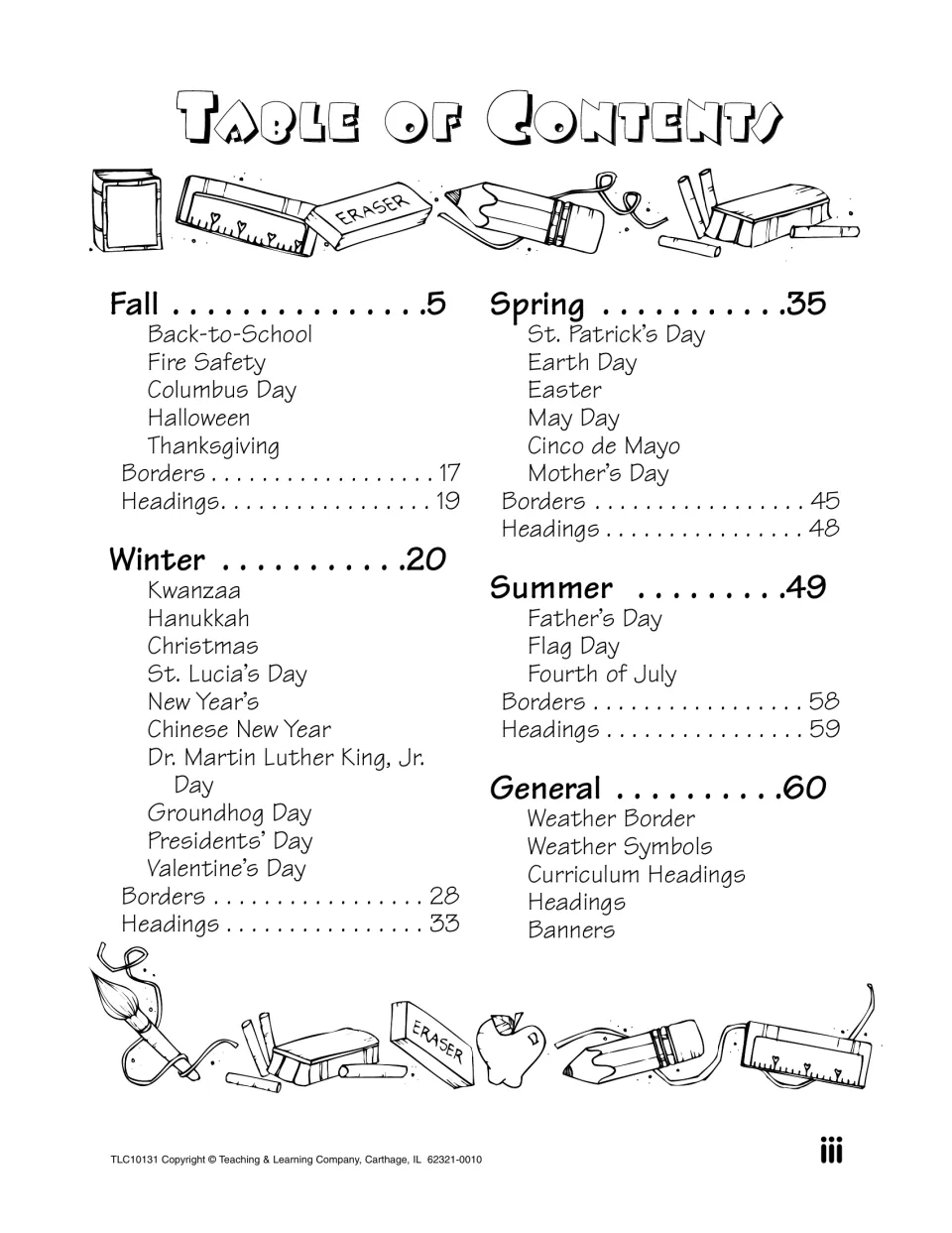 Table of contents listing fall, winter, spring, summer and general clip art, with borders and headings per season