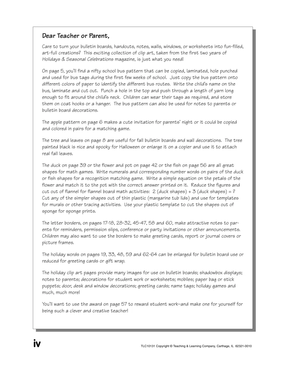 Letter to teachers and parents with uses: school bus name tags, apple invitations, shape math games and letter borders