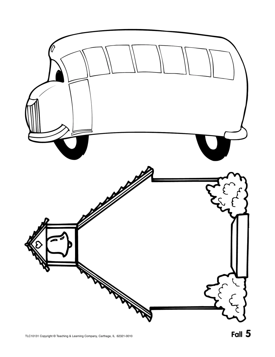 Back-to-school patterns: a large smiling school bus outline and a schoolhouse with bell tower, for tags or notes