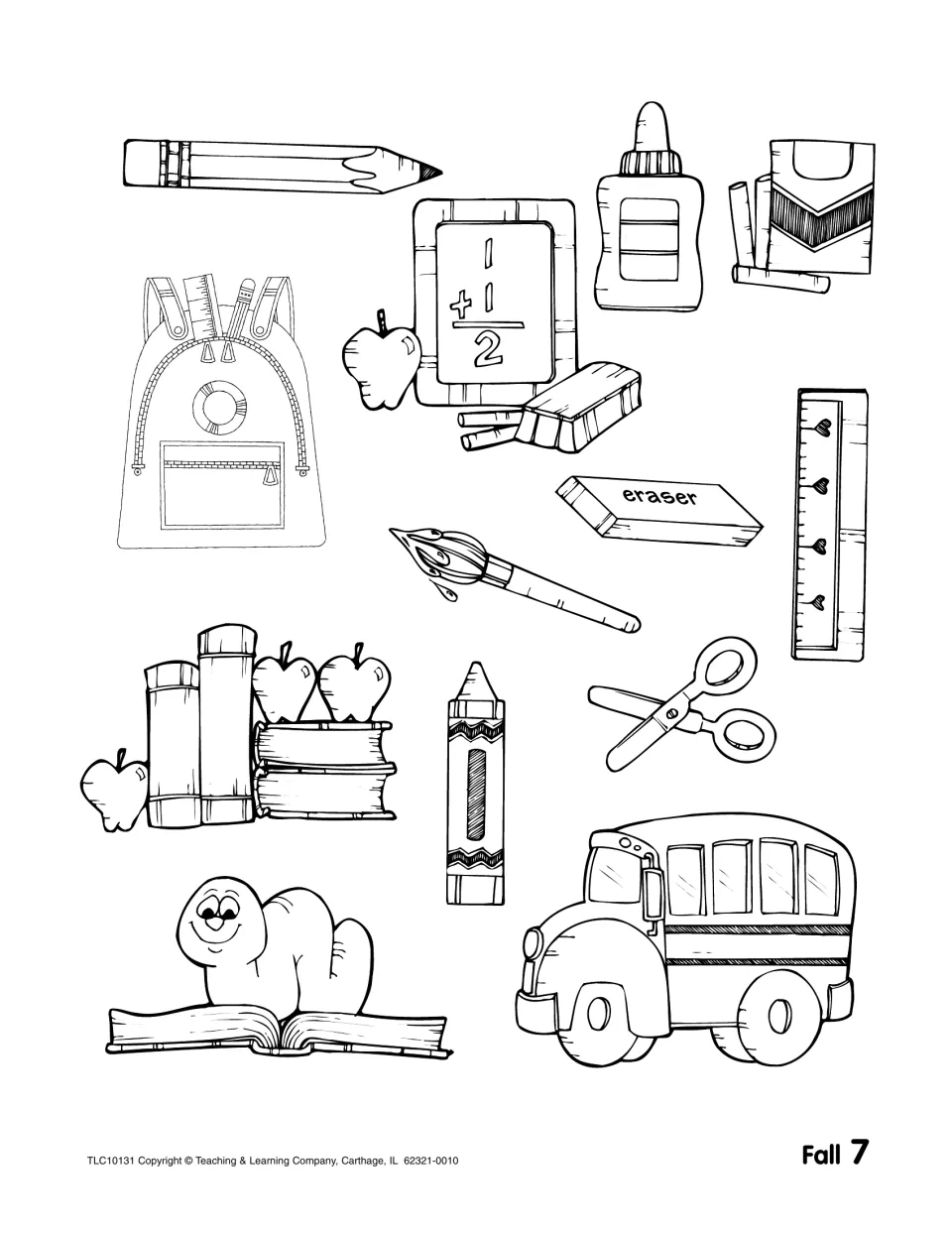 School supplies clip art: pencil, backpack, chalkboard, glue, crayons, eraser, ruler, scissors, bookworm and school bus